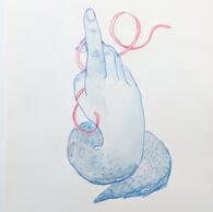Ribbon Hand Illustration of a hand rendered in blue pencil and watercolor, toying with a red ribbon. Rather than joining to an arm, the hand connects to a short, muscular tail, the thickness of a wrist and curled like a cat.